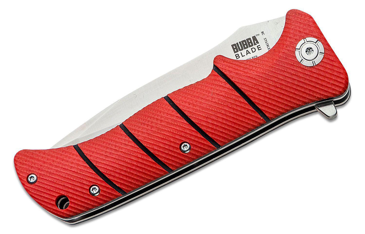 Bubba Blade Sculpin Flipper Knife 3.75" Satin Plain Tanto Blade, Red G10 Handles, Liner Lock - BUBCLFK