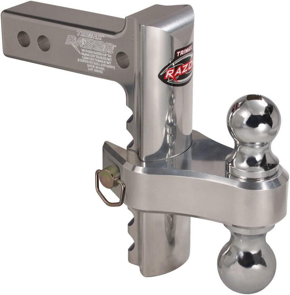 TRIMAX RAZOR 8" Drop Aluminum Adjustable Hitch with Dual Hitch Ball and Receiver Adjustment Pin, Silver - TRZ8AL