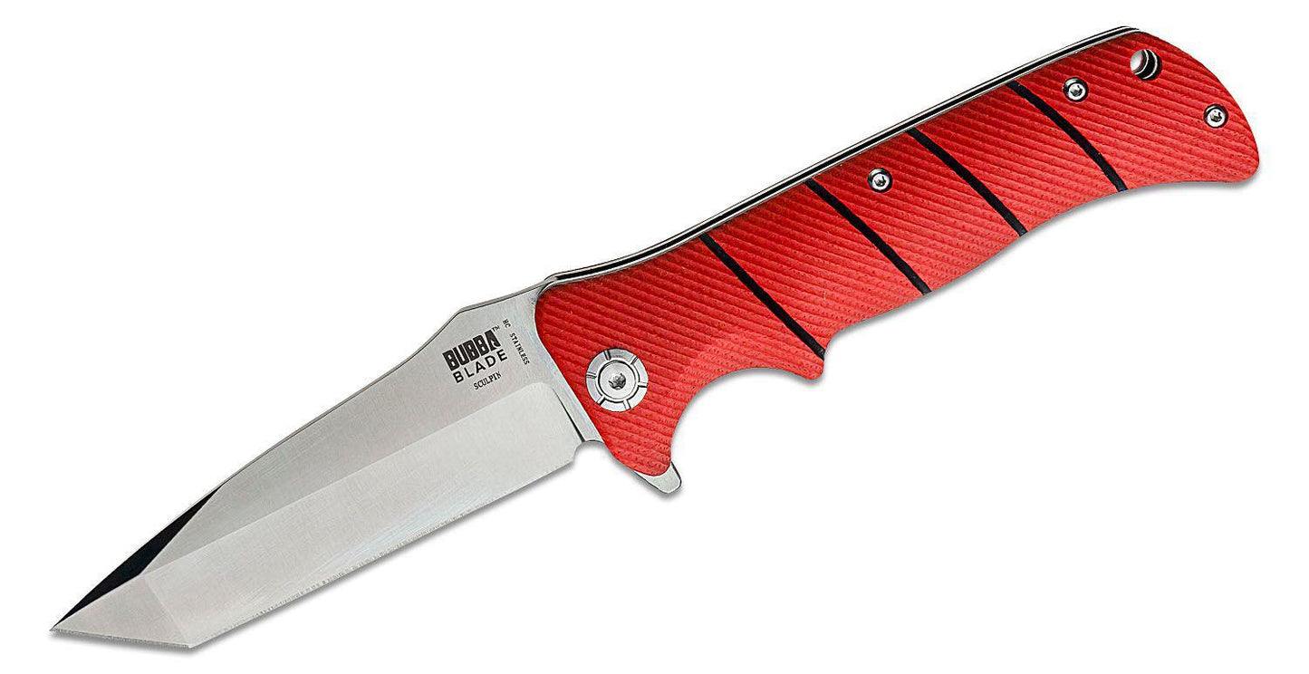 Bubba Blade Sculpin Flipper Knife 3.75" Satin Plain Tanto Blade, Red G10 Handles, Liner Lock - BUBCLFK