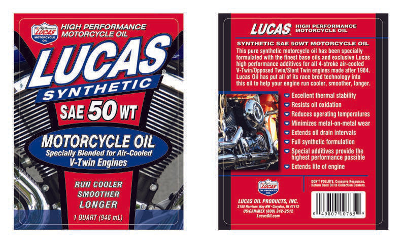 LUCAS OIL SAE 50W SYNTHETIC V-TWIN MOTORCYCLE OIL 1 QUART