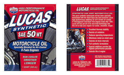 LUCAS OIL SAE 50W SYNTHETIC V-TWIN MOTORCYCLE OIL 1 QUART