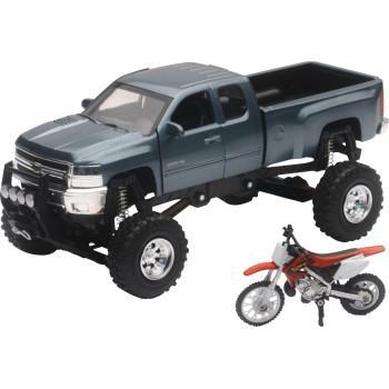 NEW RAY TOYS Chevrolet Silverado Offroad Pick Up w/ Honda Dirt Bike - 1:32 Scale - Gray/Black/Red   SS-54426