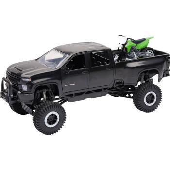 NEW RAY TOYS Chevrolet 3500HD Offroad Pick Up w/ Dirt Bike - 1:32 Scale - Black/Green   SS-37596