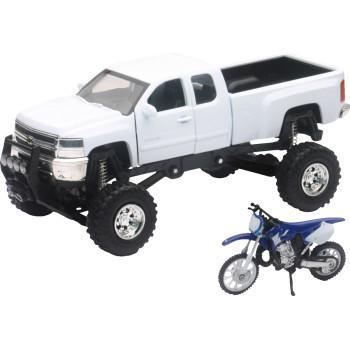 NEW RAY TOYS Chevrolet Silverado Offroad Pick Up w/ Yamaha Dirt Bike - 1:32 Scale - White/Black/Blue   SS-54416