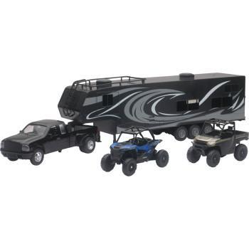 NEW RAY TOYS Pick Up Toy Hauler w/ Polaris Vehicles Set - 1:18 Scale - Black/Blue/Red   37046